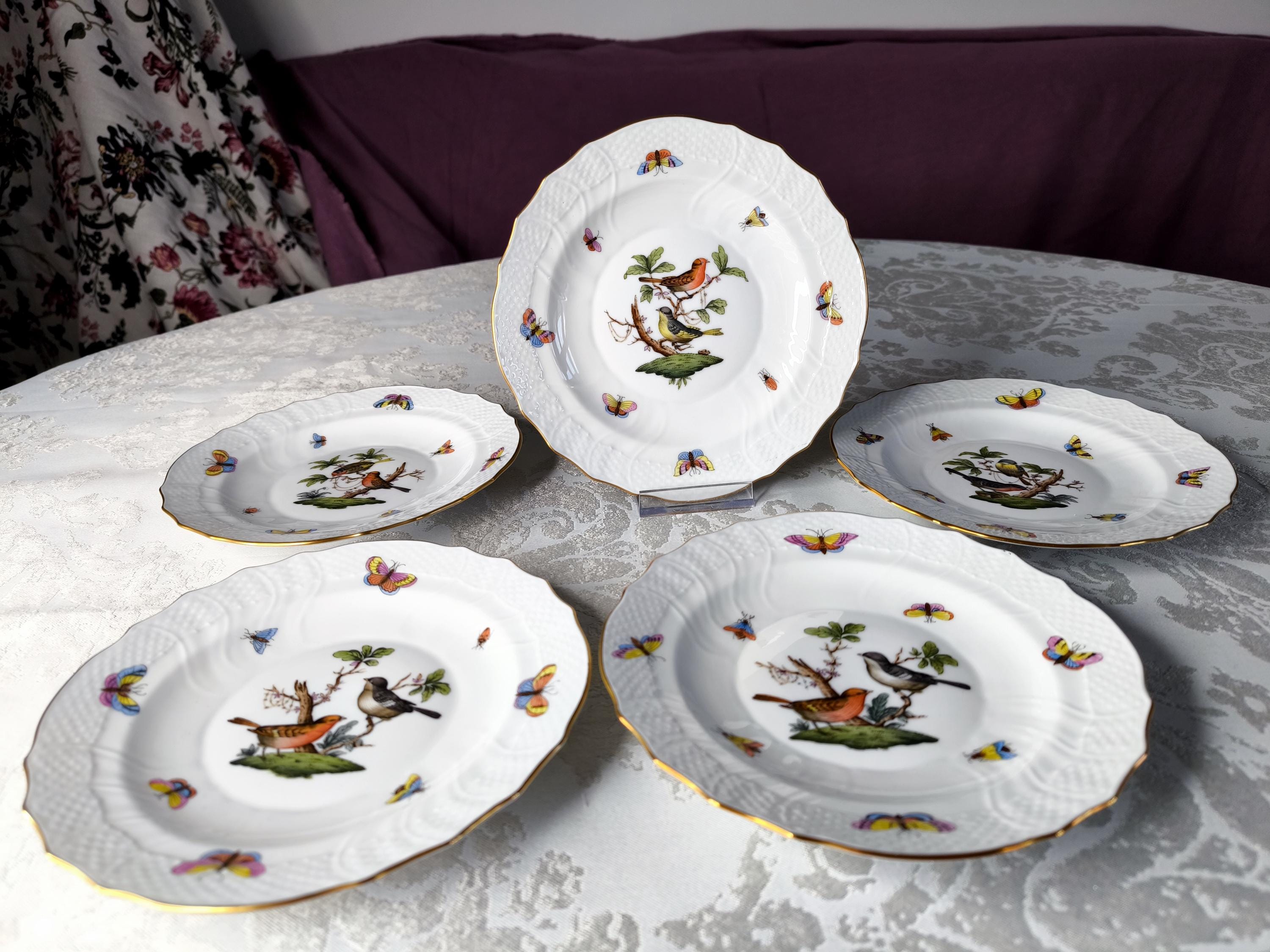 "5 piatti Herend Rothschild dipinti a mano con uccelli - Piatti in porcellana fine Herend Ungheria, regali in porcellana Herend 518 RO, 18,5 cm (7,3\")"