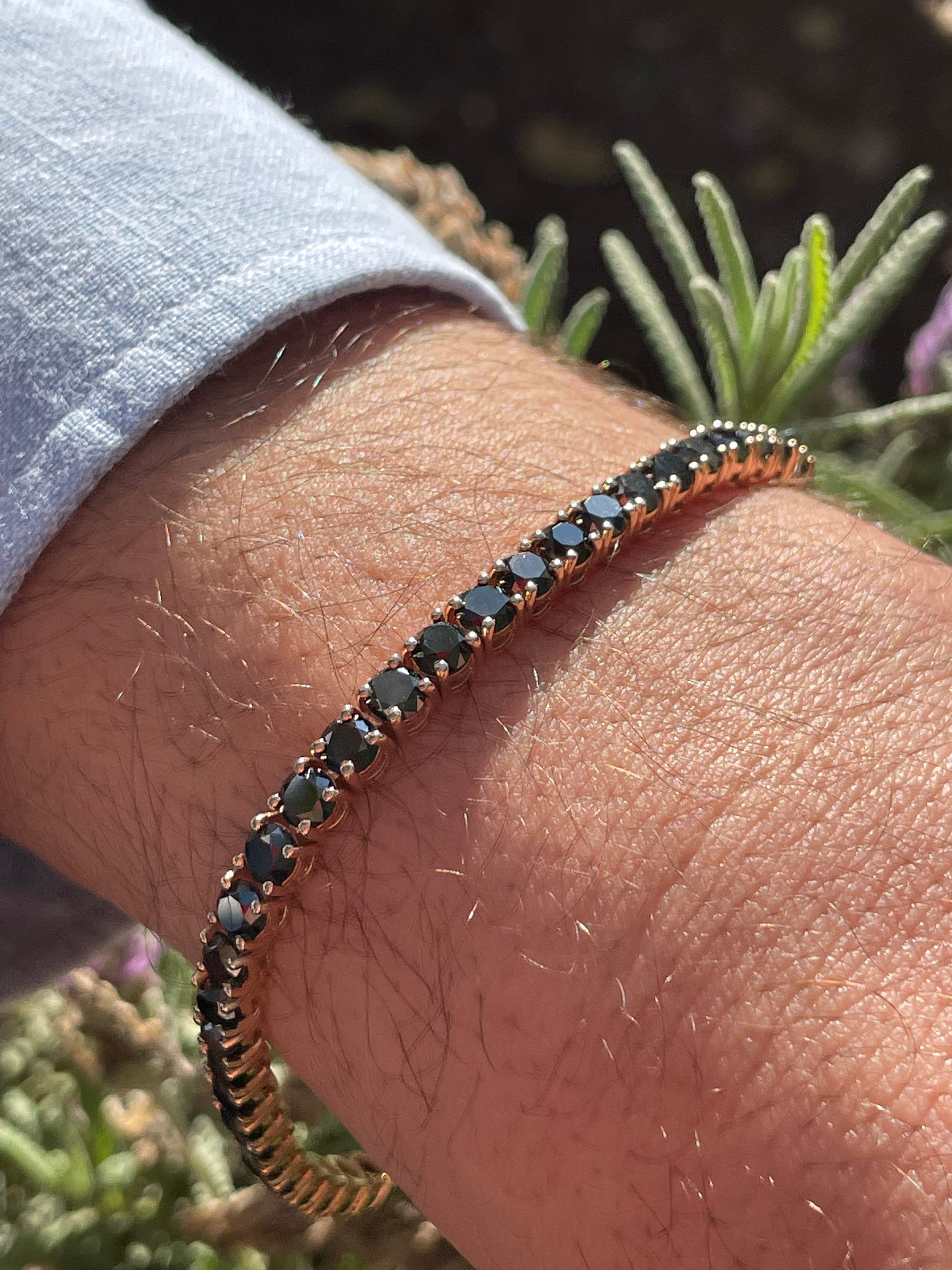 Bracciale da uomo, Set di bracciali tennis diamanti neri, Bracciale tennis in oro rosa, Bracciale tennis in oro rosa, bracciale tennis regolabile,