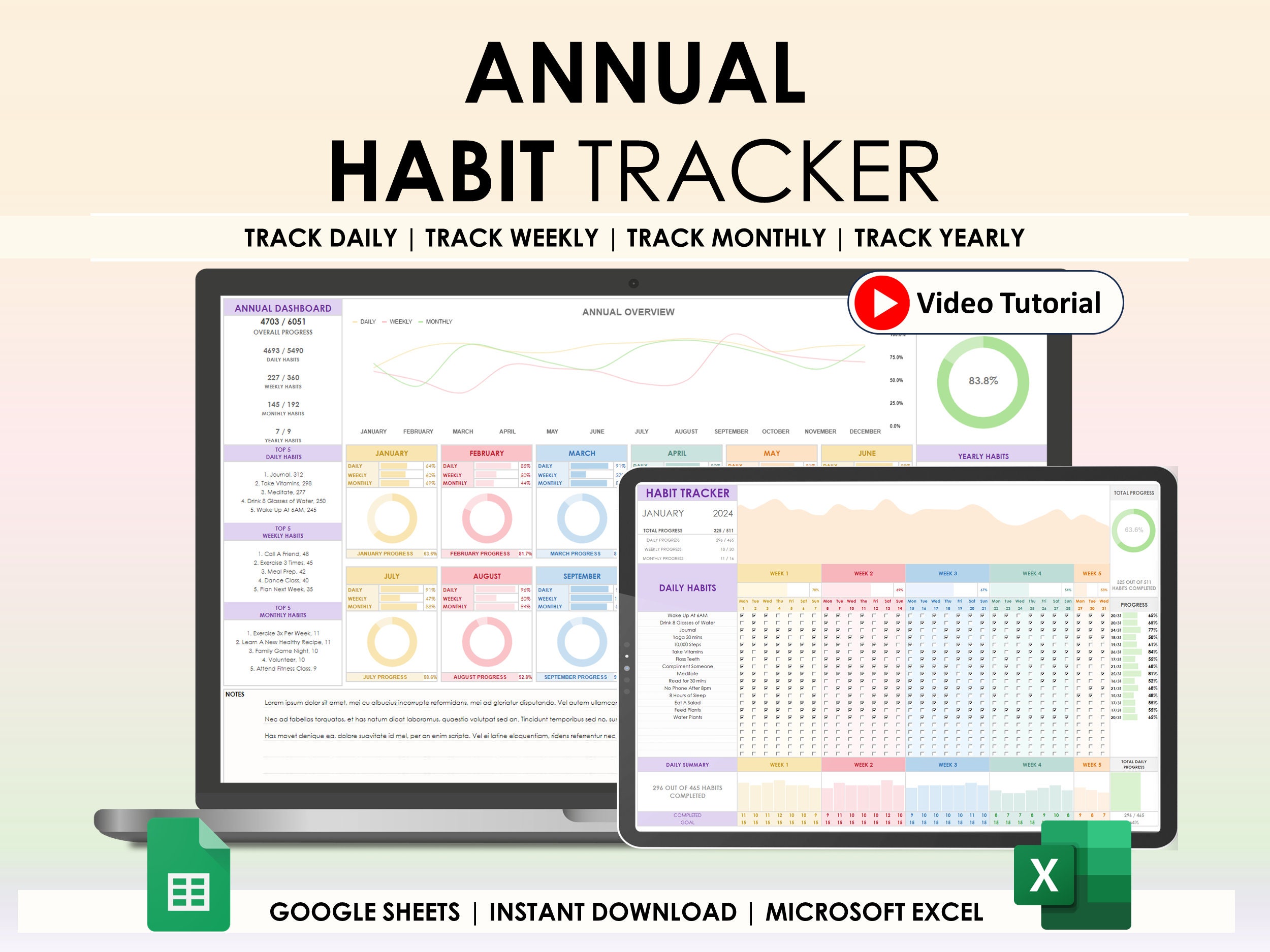 Tracker delle abitudini annuali Fogli Google Modello di foglio di calcolo Excel Planner annuale delle abitudini Planner settimanale mensile annuale de