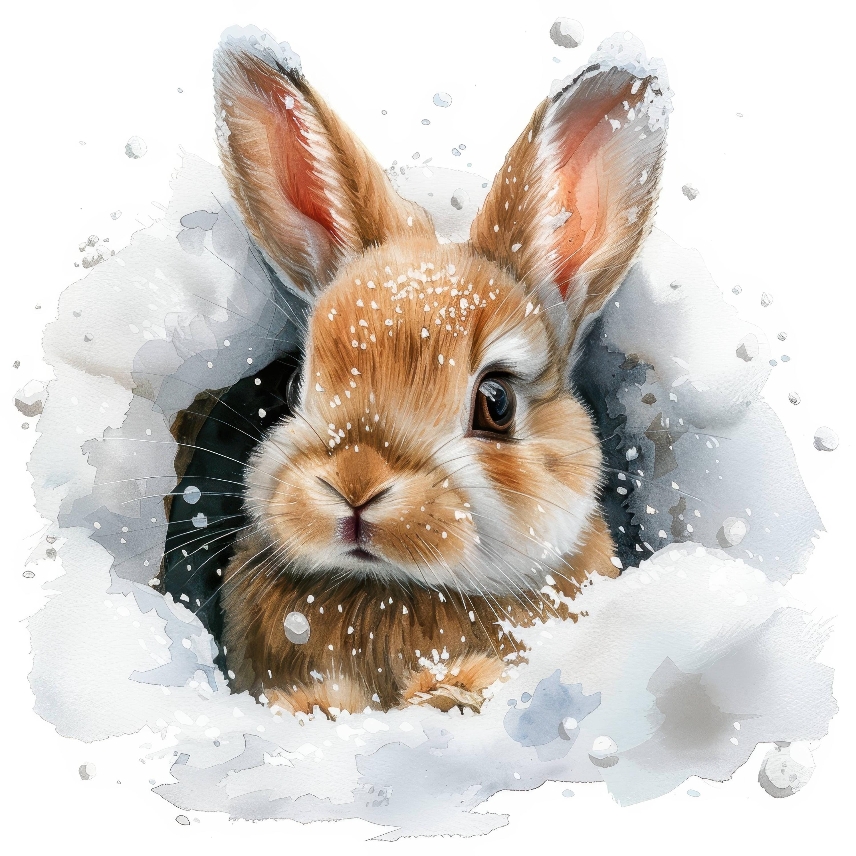 11 Fluffy Bunny In Hole Clipart Bundle, illustrazione di coniglio invernale, clipart acquerello stampabile, JPG di alta qualità, creazione di carta, d