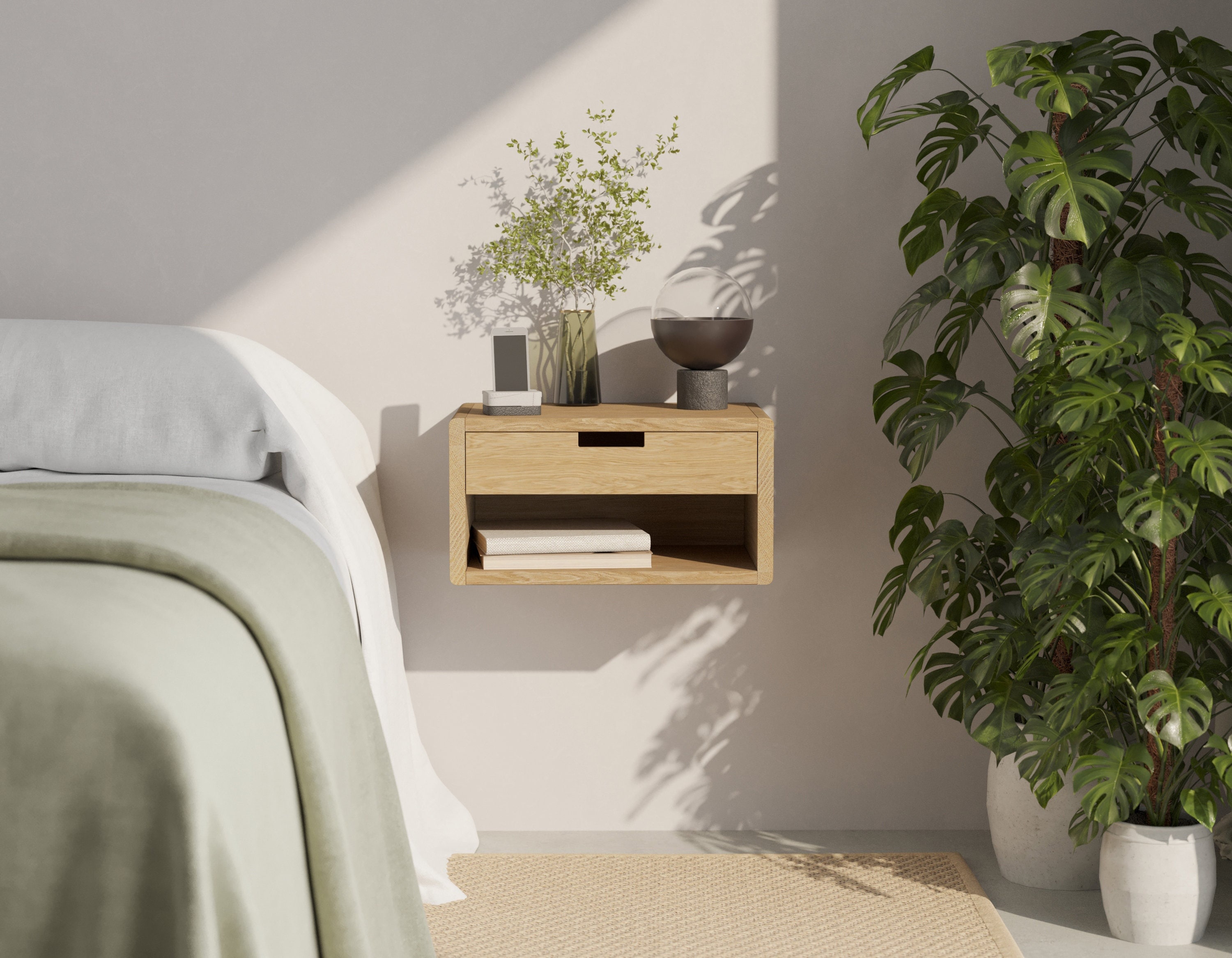 Comodino sospeso RUVA - Comodino sospeso - Comodino in rovere - Comodino in legno - Comodino sospeso moderno