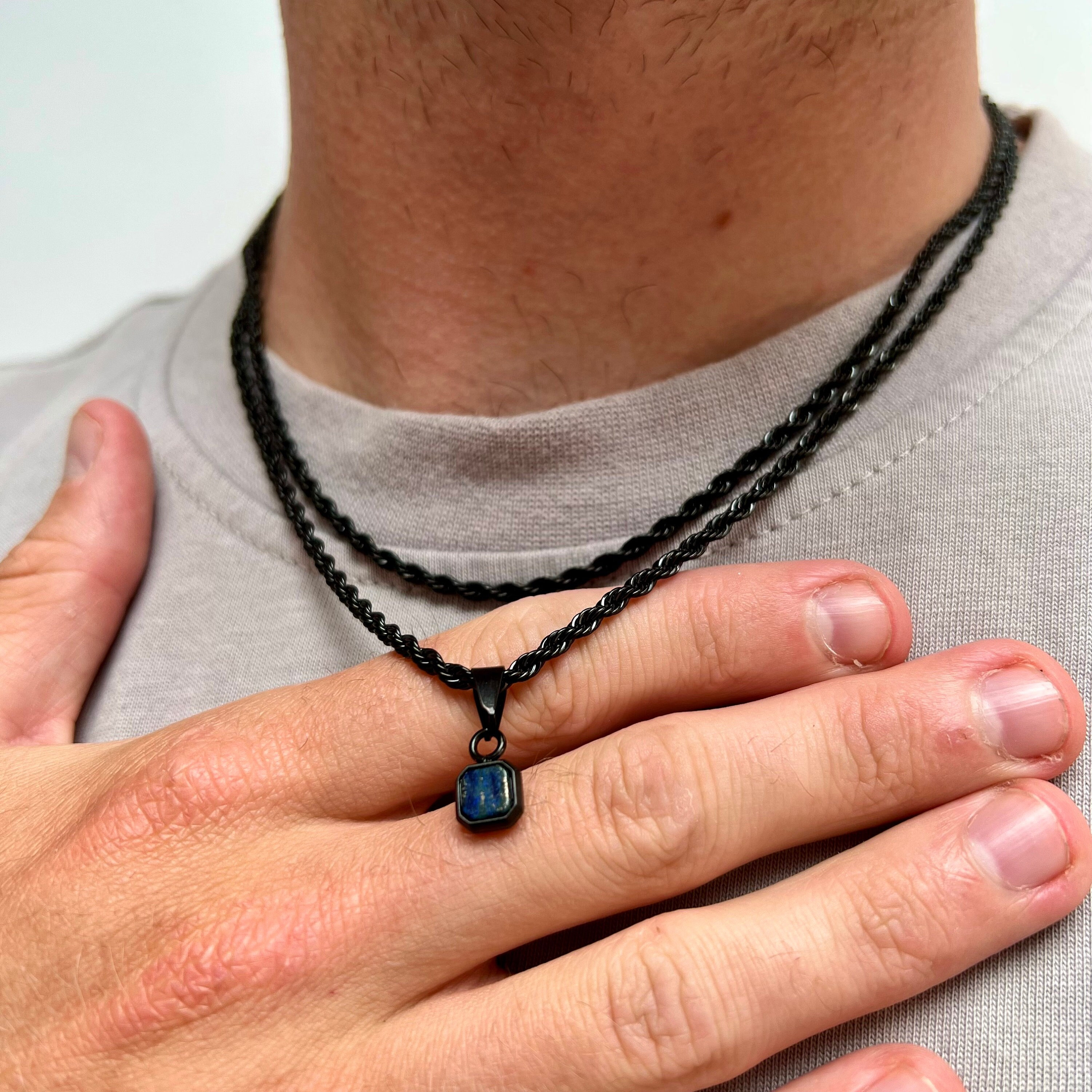 Collana da uomo, mini collana in lapislazzuli blu per uomo, ciondolo nero/blu da uomo - ciondolo con pietra preziosa in lapislazzuli - ciondolo con ca