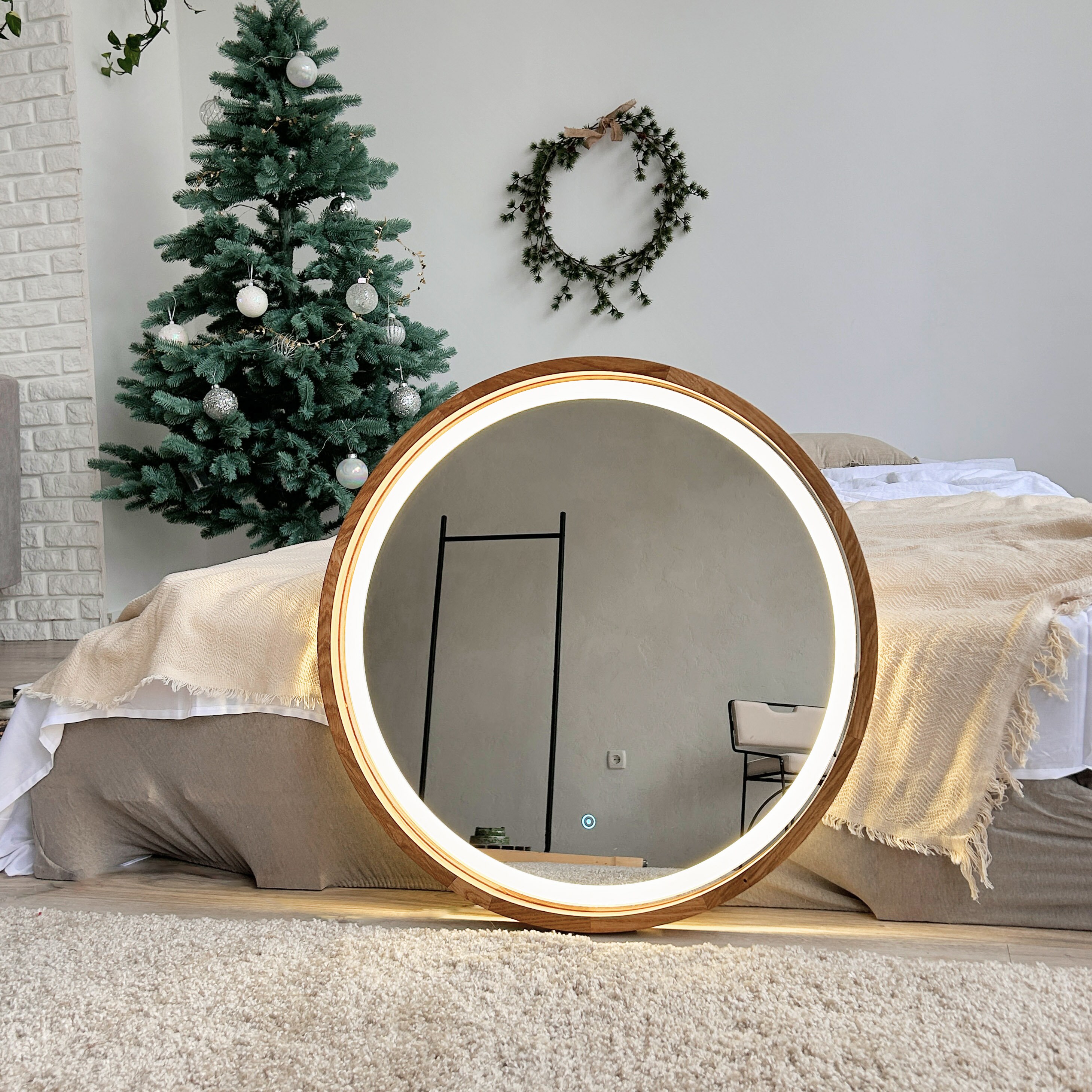 Specchio LED rotondo, specchio in legno, luce LED, specchio da bagno, specchio per il trucco, luci per specchio da toeletta, specchio intelligente, sp