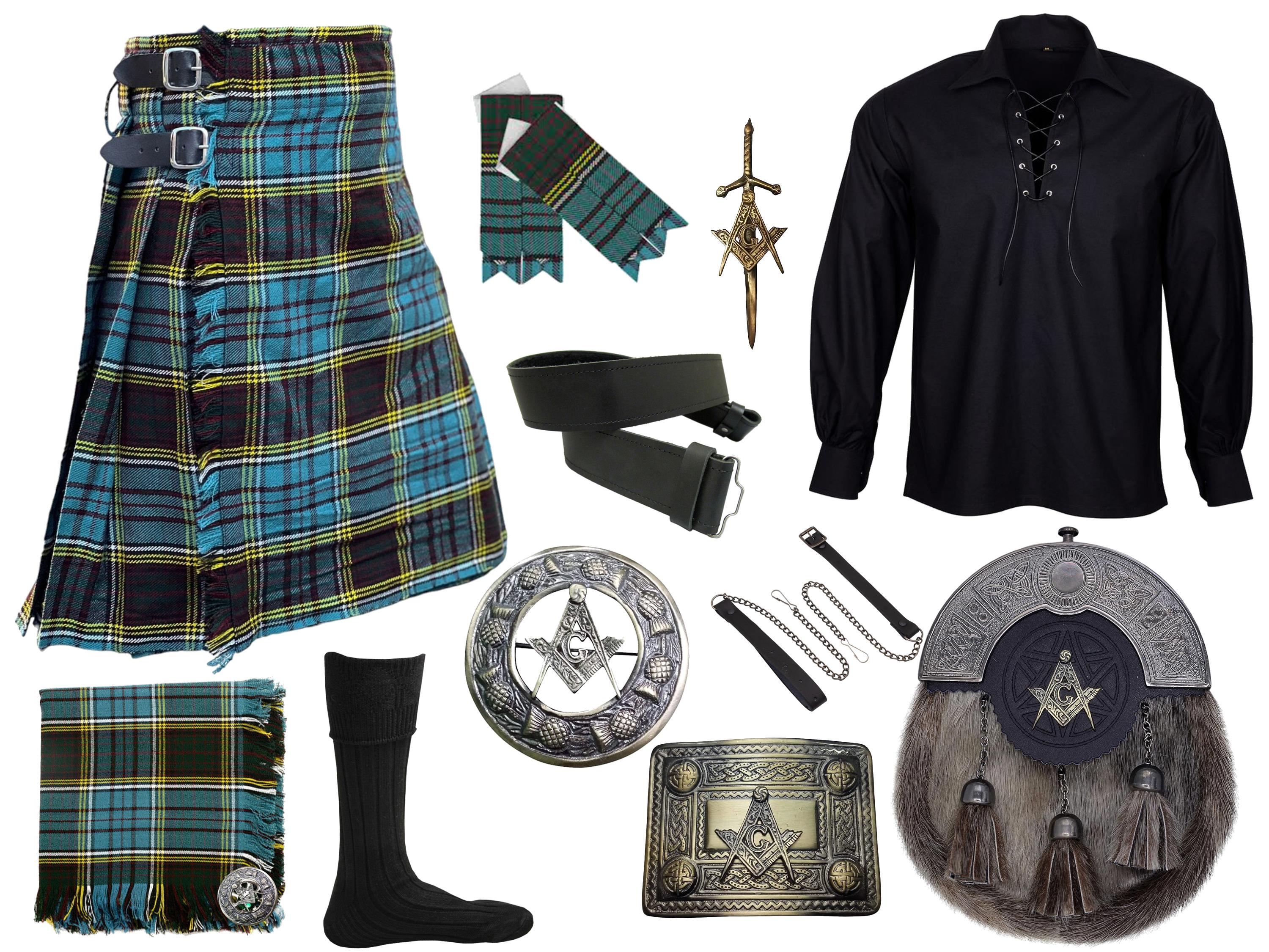 Completo da uomo scozzese da 10 pezzi con kilt massonico Sporran, set tradizionale da kilt delle Highlands, disponibile in oltre 45 tartan.