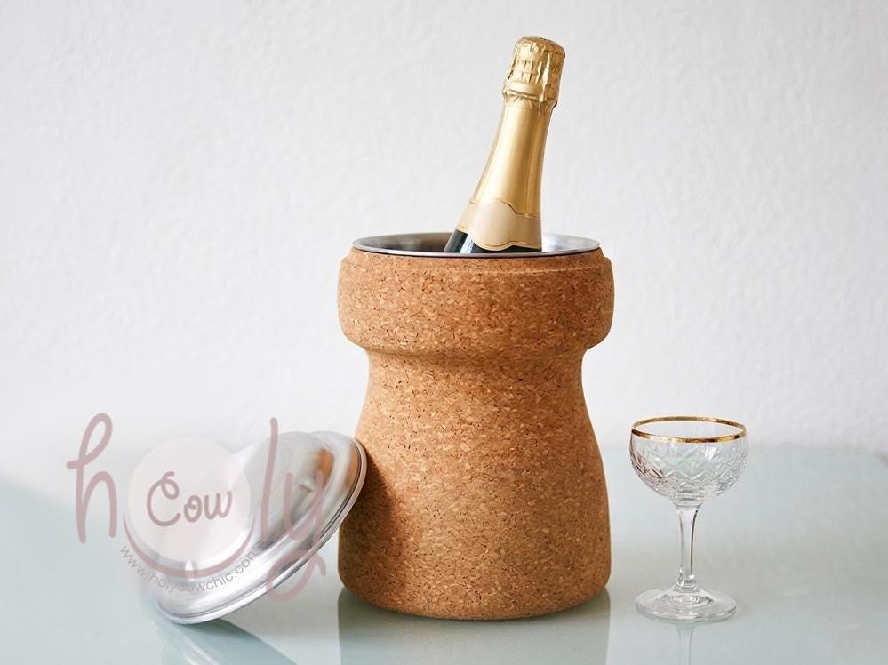 Secchiello per il ghiaccio in sughero marrone naturale ecologico con coperchio per champagne, secchiello per il ghiaccio per vino, refrigeratore per c