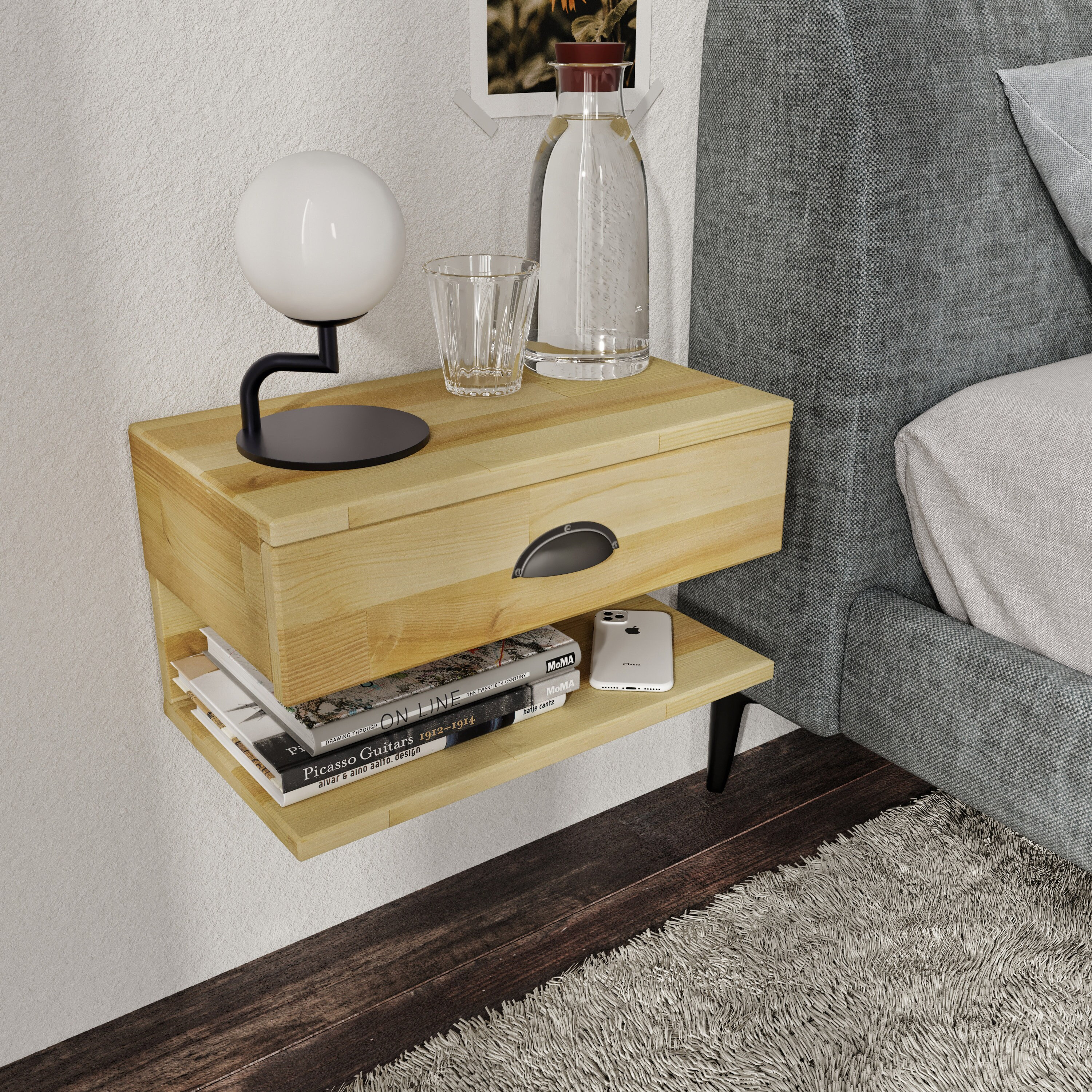 Comodino sospeso naturale / Comodino da parete con cassetto / Mensola in legno per comodino e comodino sospeso per camera da letto / Tavolo sospeso