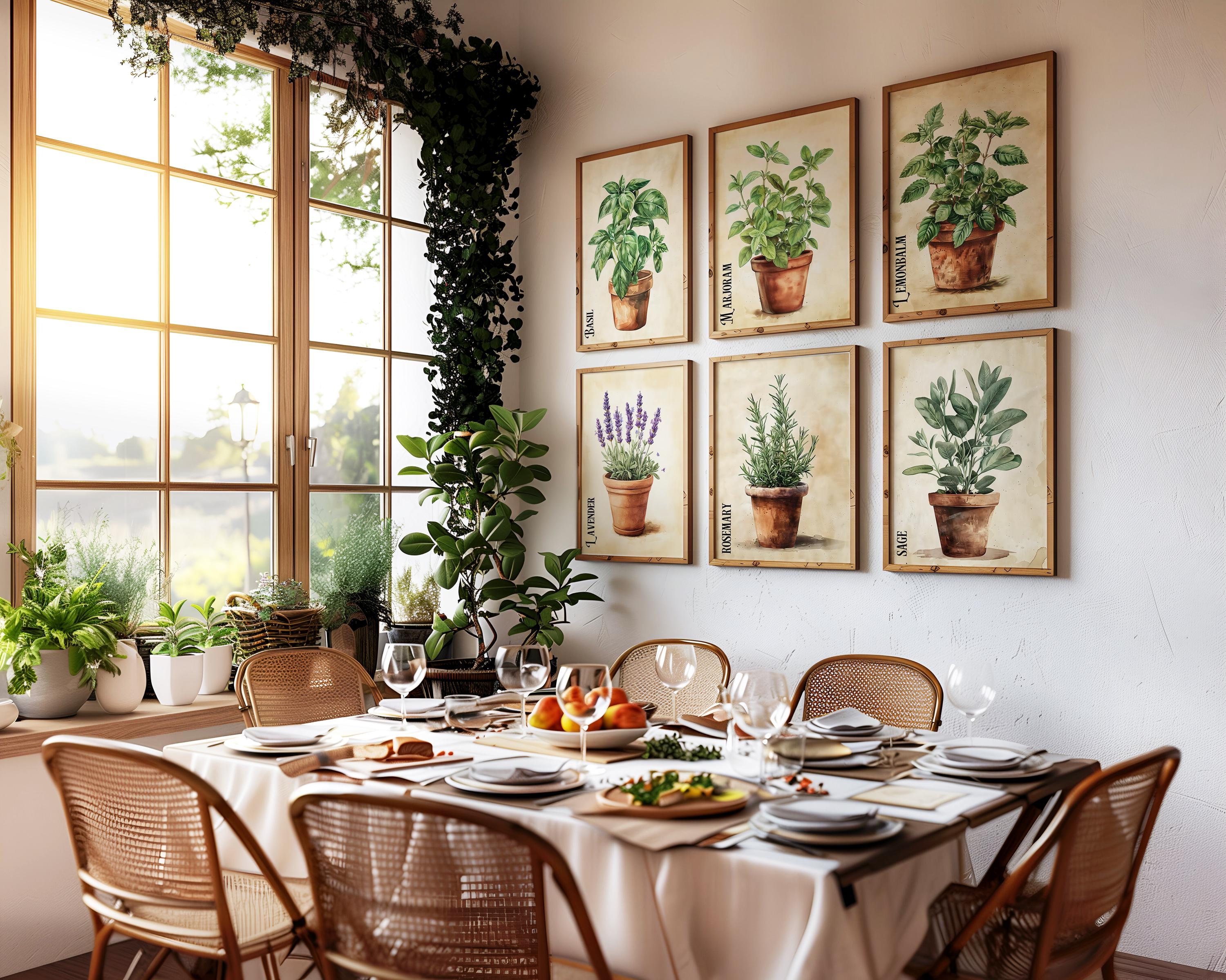 Arte murale vintage con erbe aromatiche in vaso di terracotta da 3, 6 e 12 pezzi, decorazione murale con erbe aromatiche culinarie da cucina, stampa a