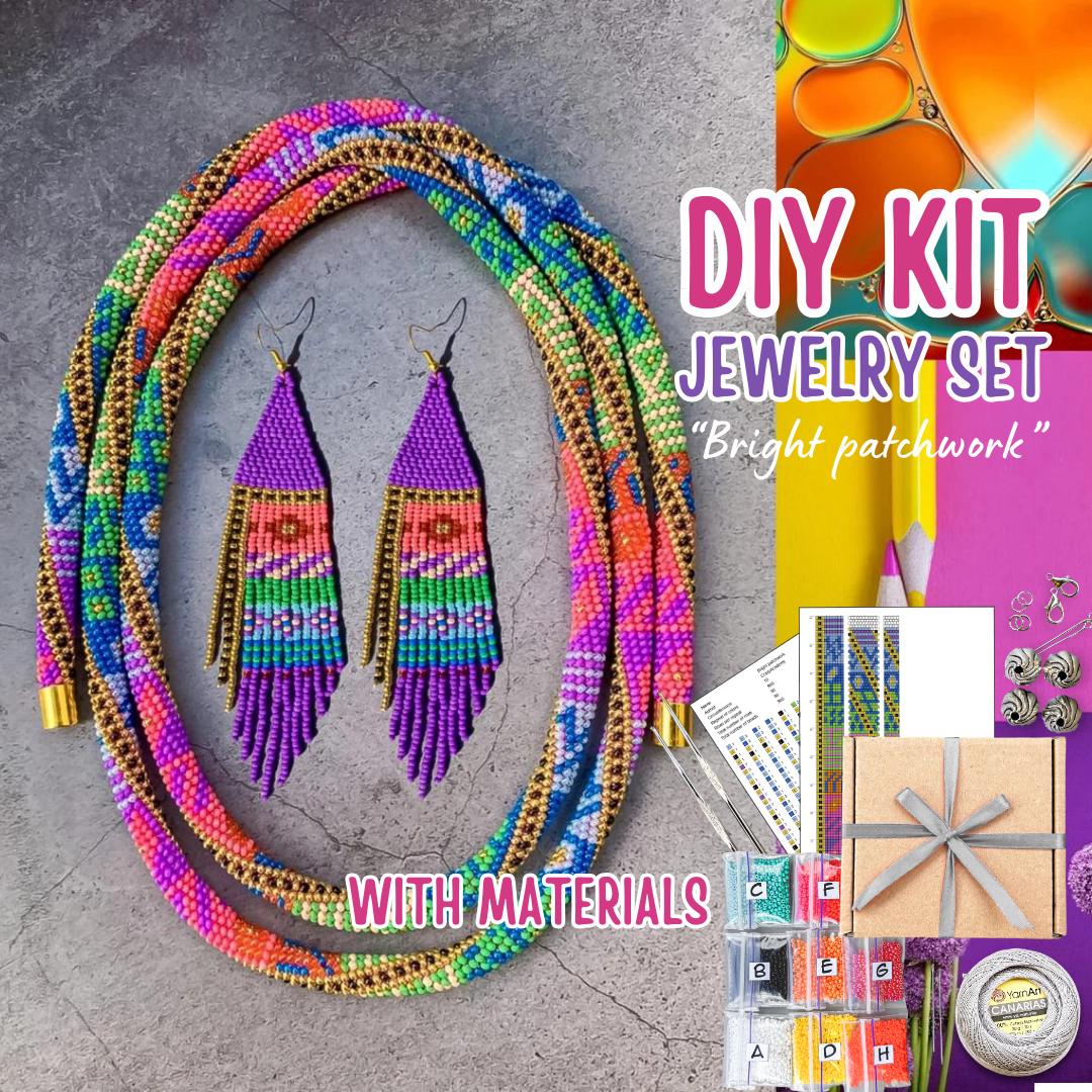 KIT per realizzare una collana patchwork rosa da 150 cm - Modello a corda all'uncinetto con perline - Kit per la creazione di gioielli - Collana lunga