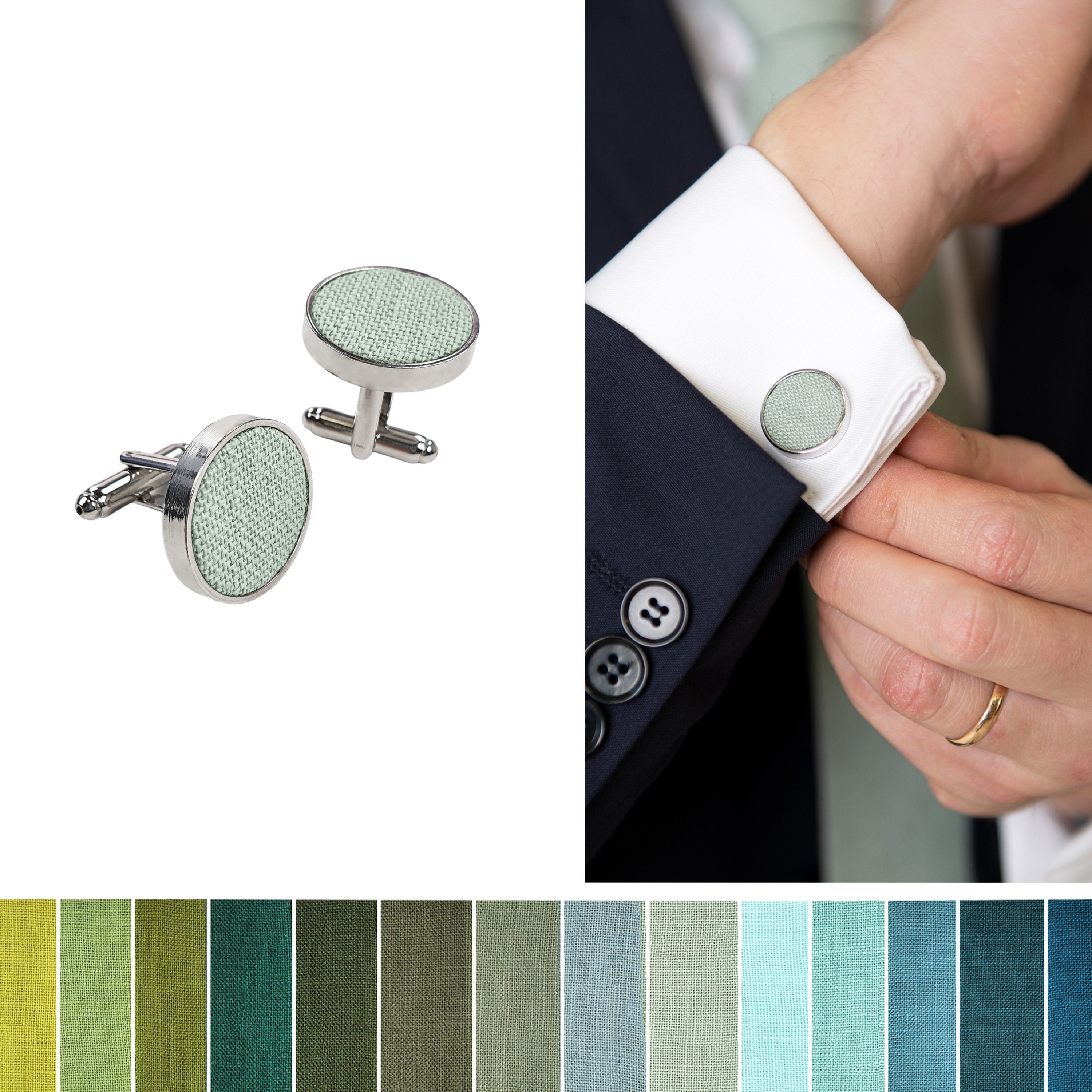 Gemelli in lino verde salvia chiaro / Papillon da sposa verde salvia chiaro / Gemelli da sposo verde salvia / Papillon verde salvia brillante