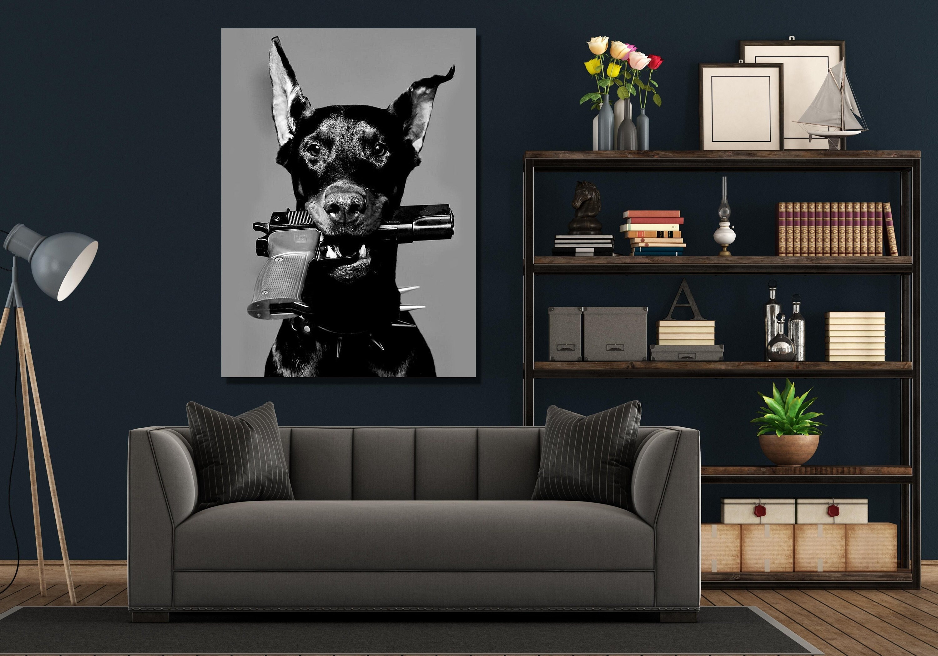 Hypebeast Modern Black White Doberman Gun Canvas Wall Art Poster Cane Wall Art Poster Cane Stampe Tela Dipinto Wall Art Immagine Doberman