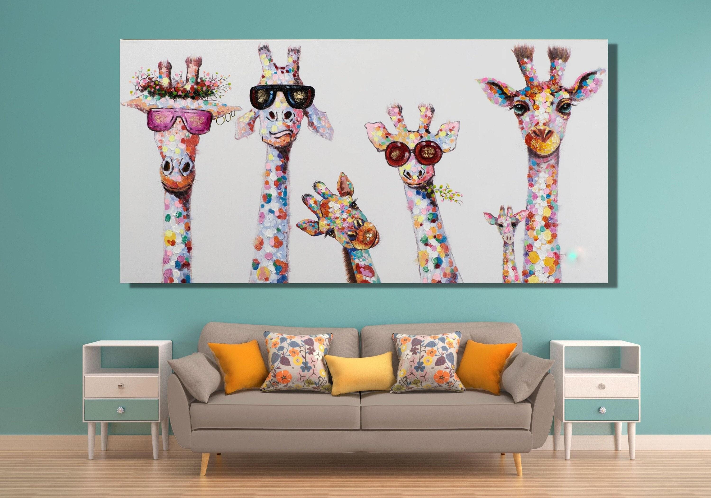 Arte murale su tela con famiglia di giraffe, arte murale con giraffa, tela colorata con animali, stampa con animali, tela con animali, tela vibrante,