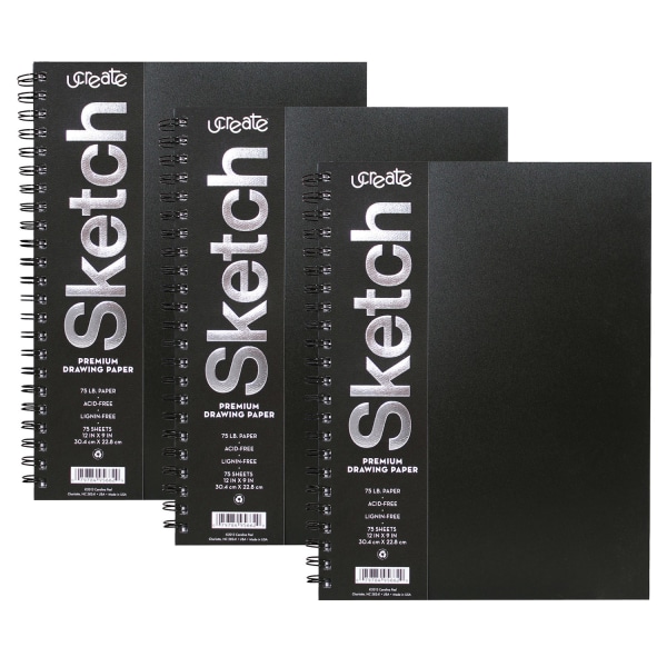 Pacon Ucreate Poly Cover Sketch Books, 12" X 9", 75 Sheets, Black, Pack Of 3 Books