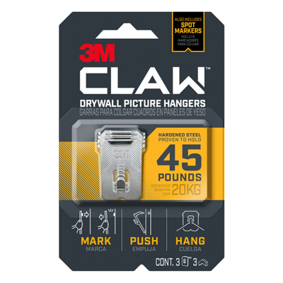 3M Claw Drywall Picture Hanger 45-Lb Capacity, Pack Of 3 Hangers, 3 Spot Markers