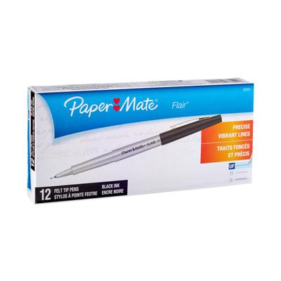 Paper Mate Flair Porous-Point Pens, Ultra Fine Point, 0.4 Mm, Black Barrel, Black Ink, Pack Of 12