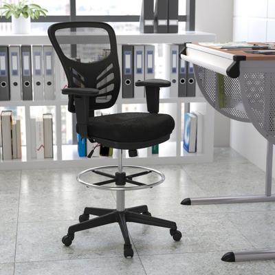 Flash Furniture Mid-Back Mesh Ergonomic Drafting Chair With Adjustable Chrome Foot Ring, Adjustable Arms, Black