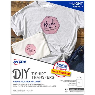 Avery Inkjet Printer T-Shirt Transfer Paper, 3275, Letter Size (8 1/2" X 11"), Pack Of 12