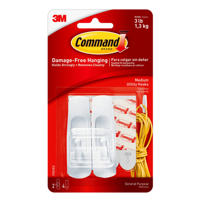Command Medium Utility Hooks, 2-Command Hooks, 4-Command Strips, Damage-Free, White