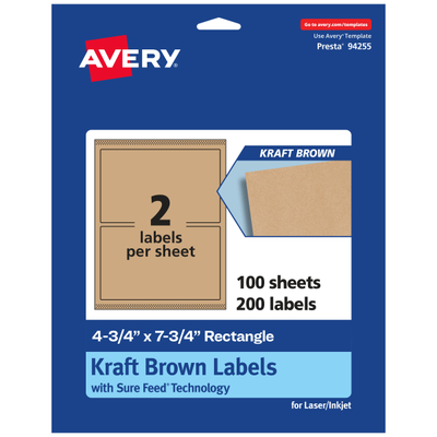 Avery Kraft Permanent Labels With Sure Feed 94255-Kmp100, Rectangle, 4-3/4