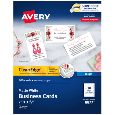Avery Clean Edge Printable Business Cards With Sure Feed Technology For Inkjet Printers, 2" X 3.5", White, 400 Blank Cards