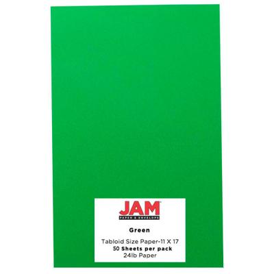 JAM Paper Card Stock, Green, Ledger (11" x 17"), 65 Lb, 30% Recycled, Pack Of 50