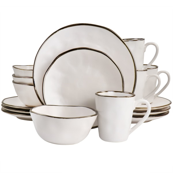 Elama Modern Stoneware Dinnerware Set, Matte White/gold, Set Of 16 Pieces