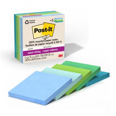 Post-It 100% Recycled Paper Super Sticky Notes, 350 Total Notes, Pack Of 5 Pads, 3" X 3", Oasis Collection, 70 Notes Per Pad