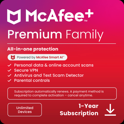 Mcafee Premium Family Antivirus & Internet Security Software, For Unlimited Devices, 1-Year Subscription Auto-Renewal, Product Key