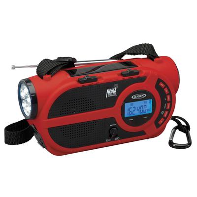 Jensen Portable Digital Am/fm Weather Radio With Weather Alert, Flashlight And 4-Way Charging, 4.02"h X 8"w X 2.76"d, Red