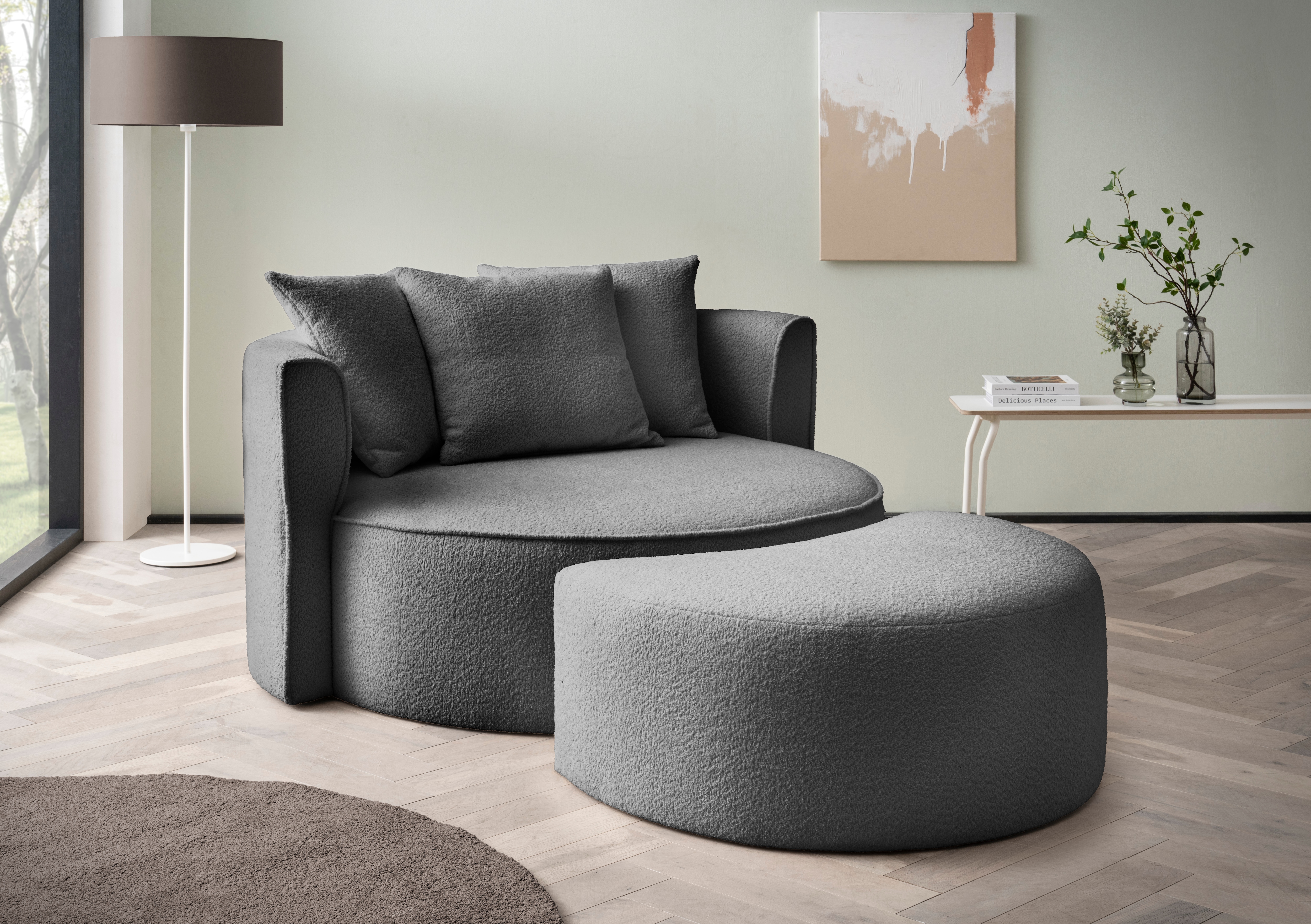 XXL-Sessel "ISALIE, Rundsessel mit Hocker, Lesesessel, Loveseat, Big-Sessel", grau (dunkelgrau), B:153cm H:98cm T:208cm, LEGER HOME BY LENA GERCKE, Sessel, XXL-Sessel, trendige Stoffe, 3 Zierkissen, große Sitzfläche, Cord, Samt, Bouclé