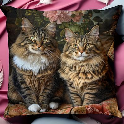 TEMU Maine Coon Cats Double-sided Print Throw Pillow Cover, 18x18 Inches - Zip Closure, Hand Washable Polyester For Sofa & Bed Decor Image