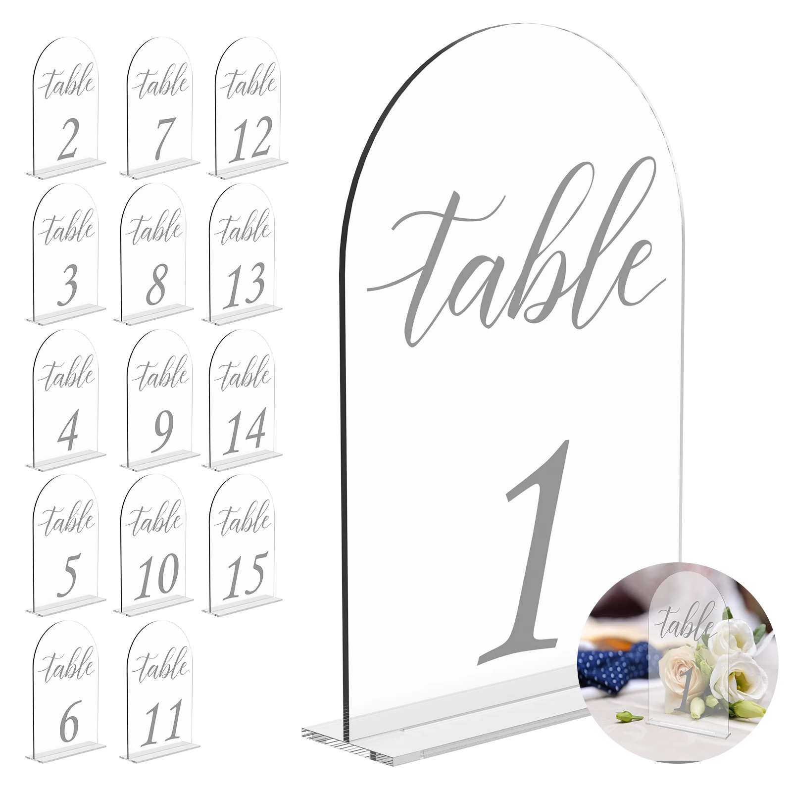 15 Stück gefrostete Bogen Tisch nummern klar gefrostete Bogen Acryl Tisch Zeichen mit Ständern Mehrzweck Tisch Zeichen für Party Image