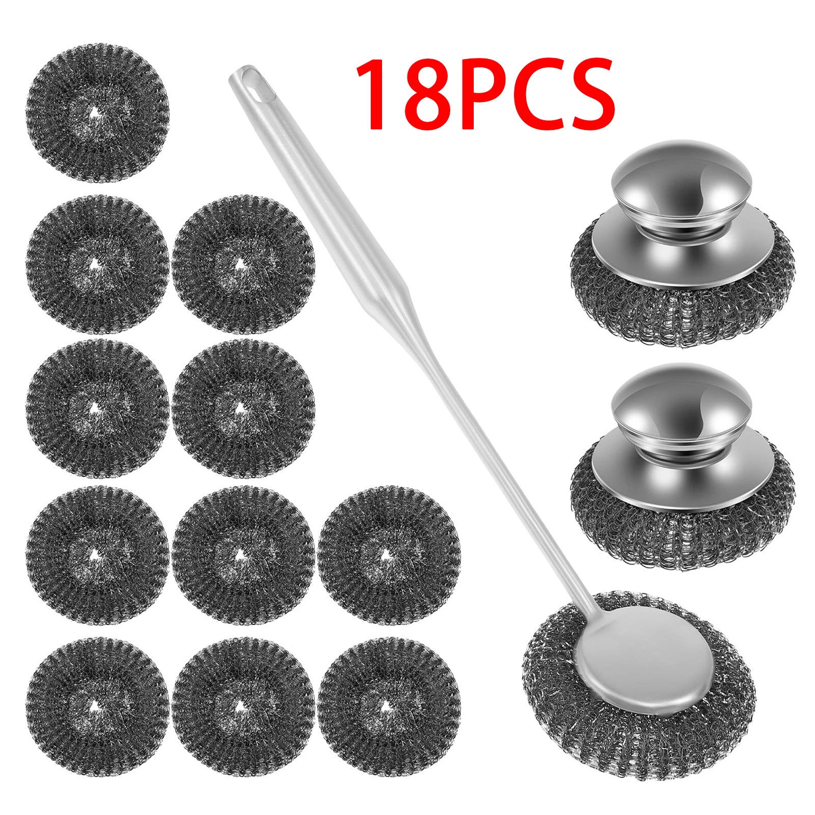 4-18Pcs Stahl Wolle Wäscher Langen Griff Topf Reinigung Pinsel Edelstahl Küche Pan Topf Gerichte Starke Dekontamination Image