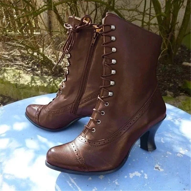 Scarpe invernali da donna con tacco alto con lacci Stivali da moto Stivali vittoriani Moda donna Punta a punta Stivale corto con suola spessa 2024