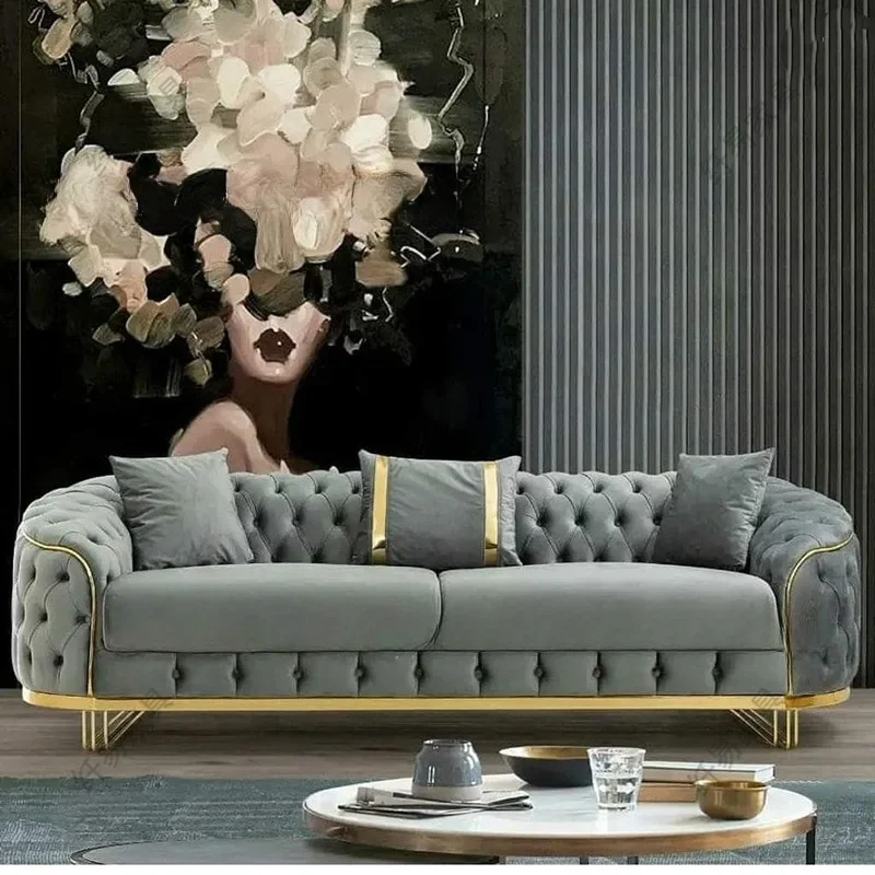 Amerikanisches Stoffsofa, italienisches minimalistisches Designer-Wohnzimmer, gerades Reihensofa, Samt, europäisches Schnallen-Heimsofa Image