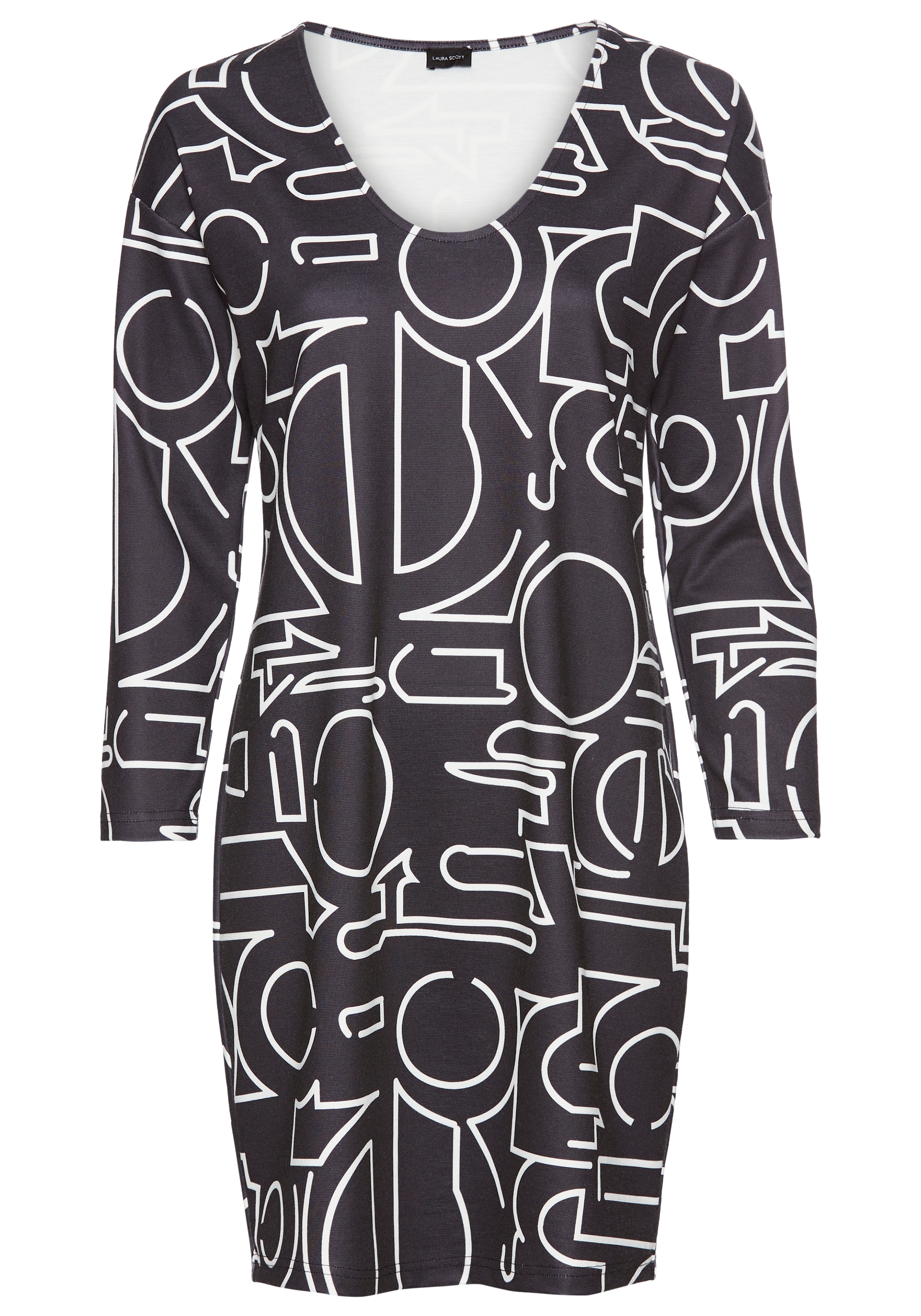Shirtkleid LAURA SCOTT, Damen, Gr. 40/42, N-Gr, schwarz-weiß (schwarz, weiß, gemustert), Jersey, Obermaterial: 70% Polyester, 25% Viskose, 5% Elasthan, bedruckt, figurumspielend Po-bedeckend, Rundhals, abgesteppte Kante, Kleider, mit modernem... Image