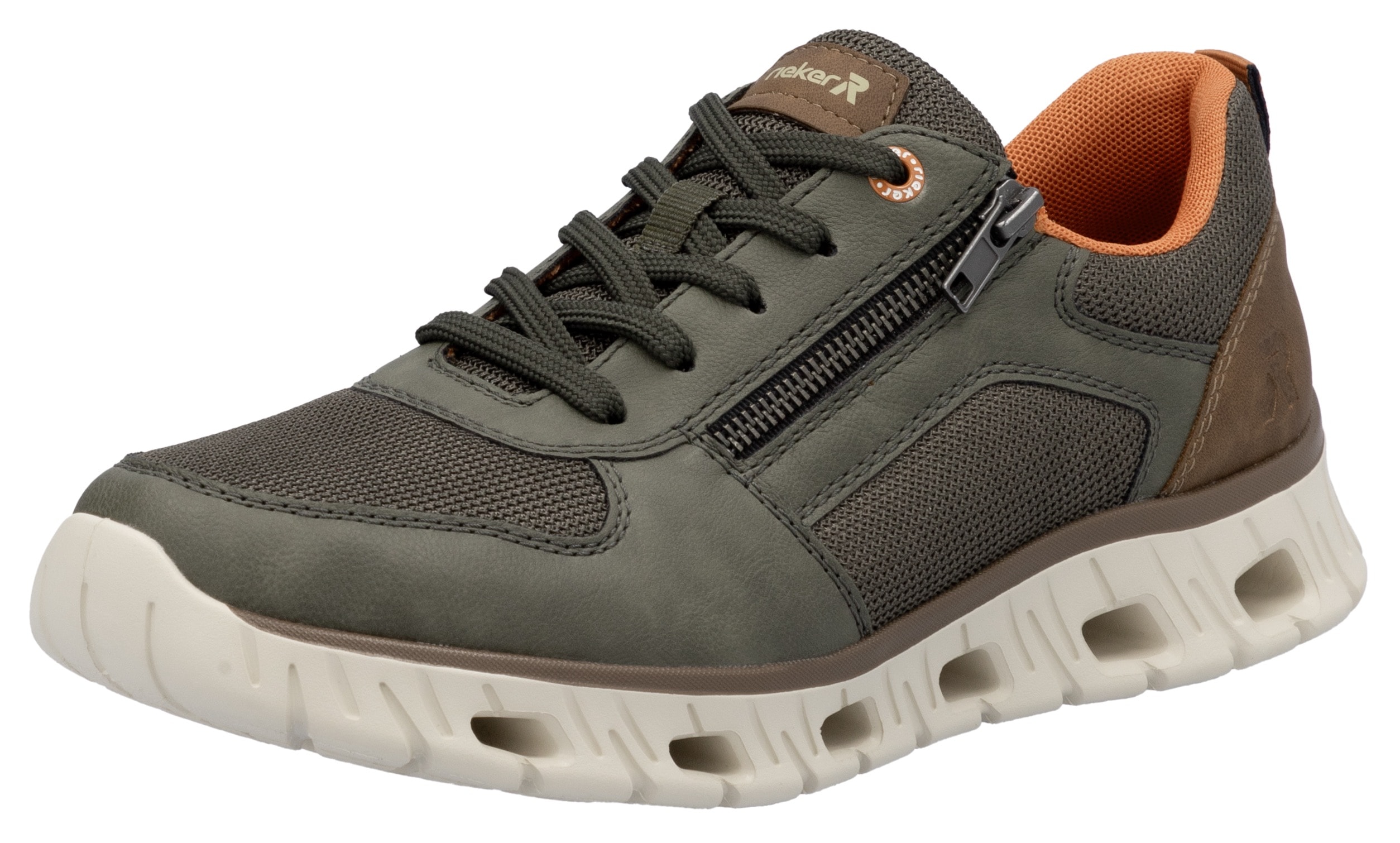 Sneaker RIEKER SPORT, Herren, Gr. 43, grün (oliv, braun), Lederimitat, Textil, Schuhe Sneaker, Schnürschuh, Freizeitschuh, Halbschuh mit Reißverschluss