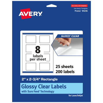 Avery Glossy Permanent Labels With Sure Feed 94236-Cgf25, Rectangle, 2