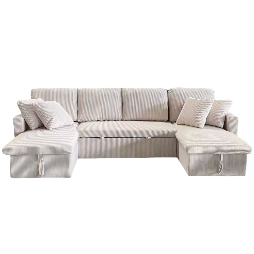 Canapé convertible 4 places en velours côtelé avec coffre - beige