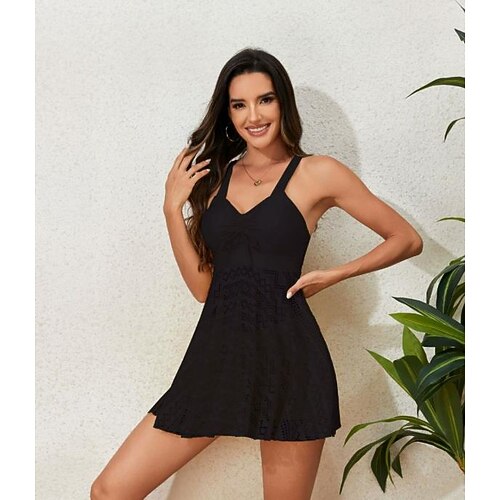 Damen Bademode Schwimmdresses 2-teilig Tankini Badeanzug Rückenfrei hohe Taille Urlaub Strandbekleidung einfarbiger V-Ausschnitt ärmellose Badeanzüge