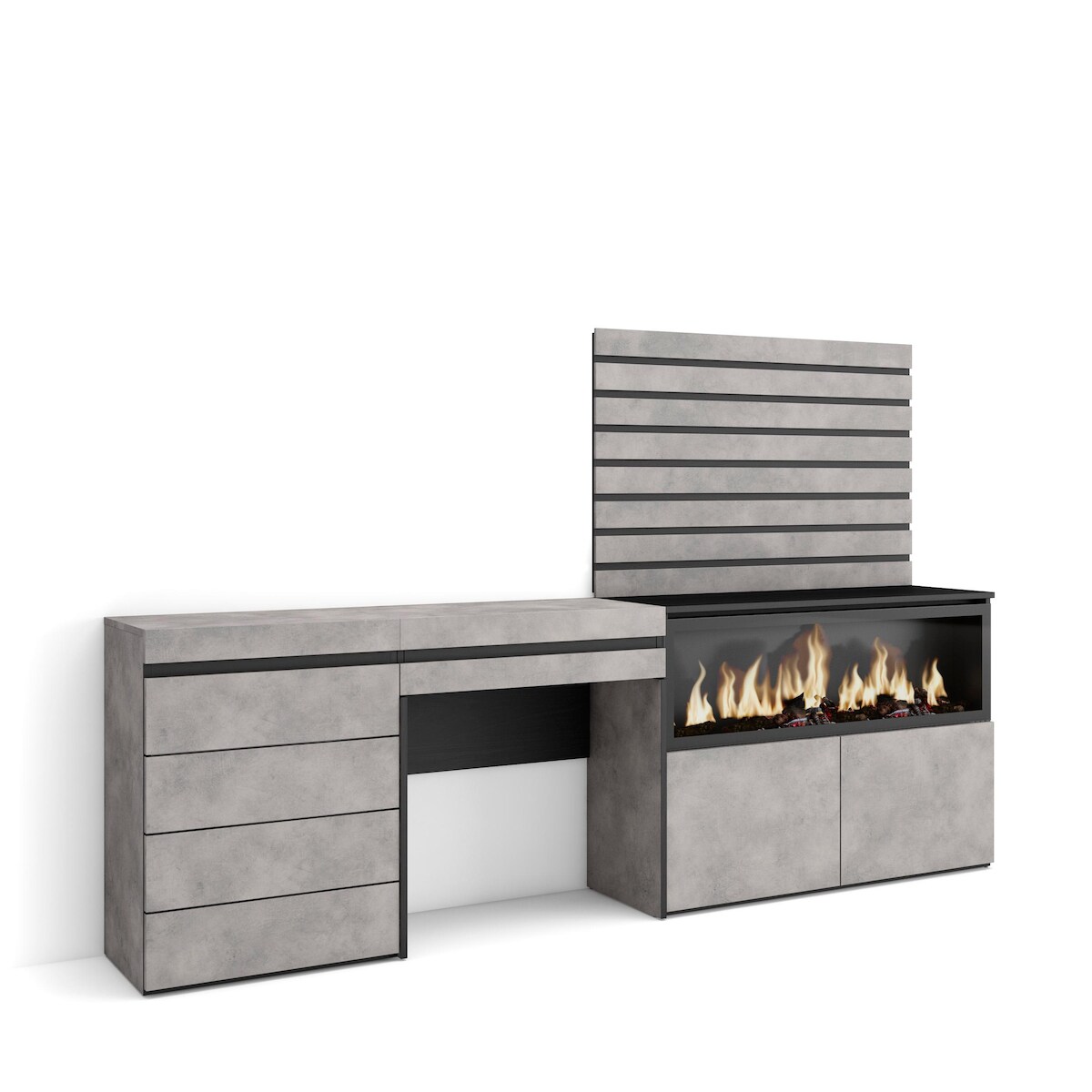 SKRAUT HOME Frisiertisch, Schminktisch, Ablage, 234x35x145 cm, Mit Schublade, XXL-Elektrokamin, Kommode, Dekorative Platten, Zementgrau _ 454_54 Image