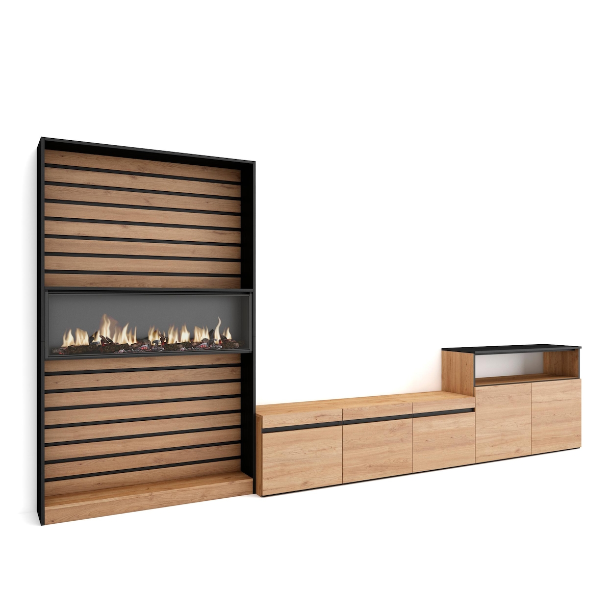 SKRAUT HOME Wohnzimmer-TV-Schrank, Wohnzimmer-Wandsystem, 360x186x35cm, Für TV-Geräte bis 65“, Elektrischer Kamin, Moderner Stil, Eiche und Schwarz - 109_2 Image