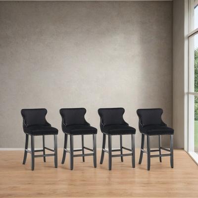 Set of 4 Velvet Upholstered Wing-Back Bar Stools with Wooden Legs