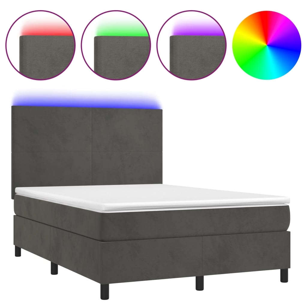 vidaXL Boxspringbett mit Matratze & LED Dunkelgrau 140x190 cm Samt Image