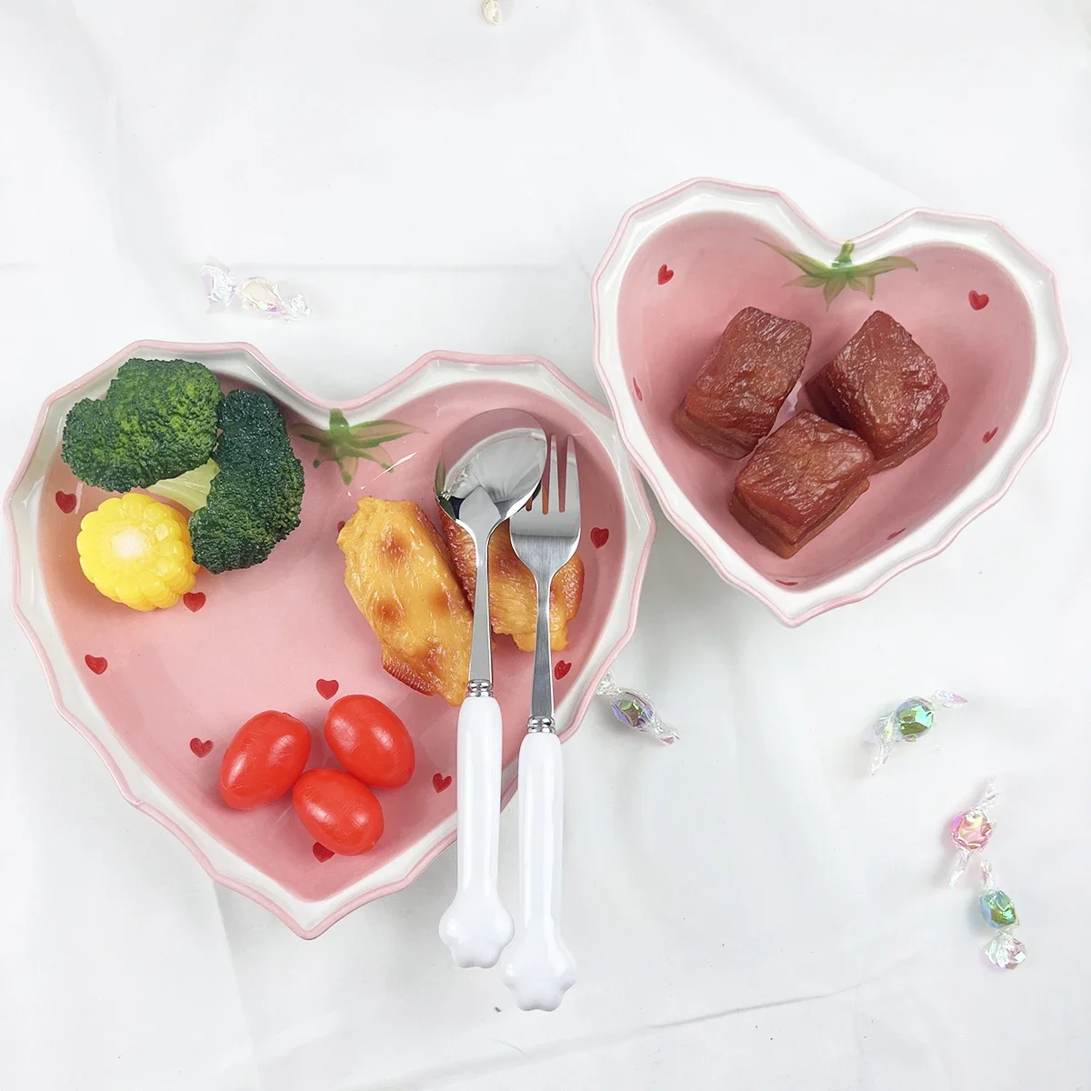 1PC - Creative Household Noodle Soup Bowl, Vegetable Plate, Cute Girl Heart Rice Bowl, Strawberry Heart Ceramic Bowl