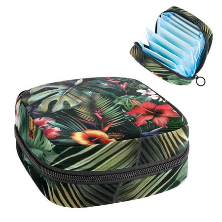 1Pc Cute Period Bag Menstrual Cup Pouch Large Storage Bag Sanitary Purse for Sanitary Napkin Pads Jungle Flowers Palm Leaves Hibiscus Floral Pads Organizer for Girls Women