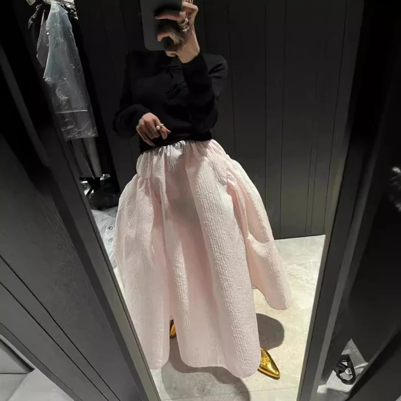 Elastische Taille, A-Linie, Party-Blasenrock, einfarbig, großer Saum, bauschiger Midirock, Abendkleid, täglich, lässig, Damen-Oberbekleidung Image