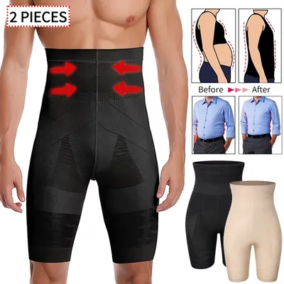 2PCS Männer Body Shaper Bauch-steuer Shorts Shapewear Bauch Gürtel Boxer Kurze Hohe Taille Bein Kompression Panty Abnehmen Unterwäsche Image