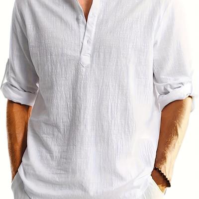 TEMU Men's Linen Henley Shirt, Casual Stand Collar, Solid Color, Regular Fit, Split Sleeve, Button Detail, Woven Fabric, 100% Linen, Non-stretch, Spring/fall Season, 115g/m² - Beige Image