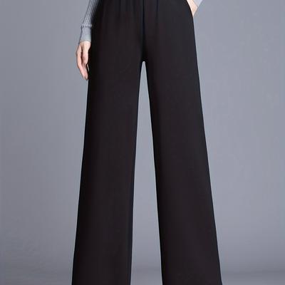 TEMU Women's High-waisted Straight-leg Pants - Elastic Waistband & Drawstring, Stretch Trousers With Side Pockets, Machine Washable Casual To Formal Black Wide-leg Pants, High Waist Pants Image