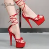 Shuzumiao Sexy Stripper Frauen Schuhe Mule Frau Sommer Sandalen 2020 15cm High Heels Weibliche Sandalen Stiletto Kreuz Straps Rot schuh